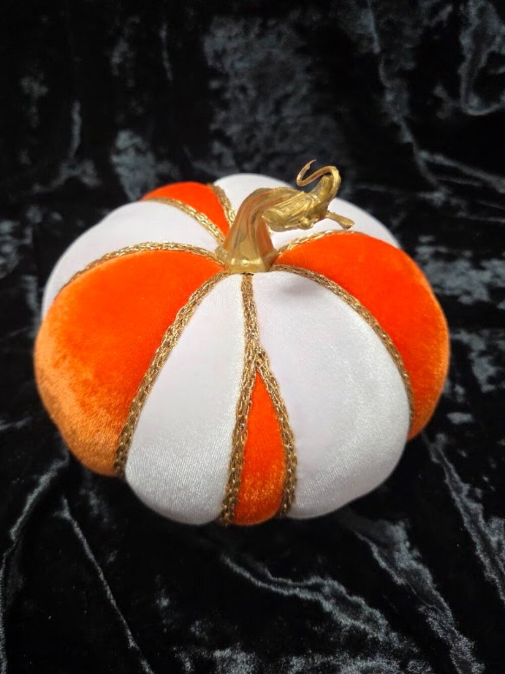 Orange and White Velvet Pumpkin, Gold Cord Trim, Handcrafted